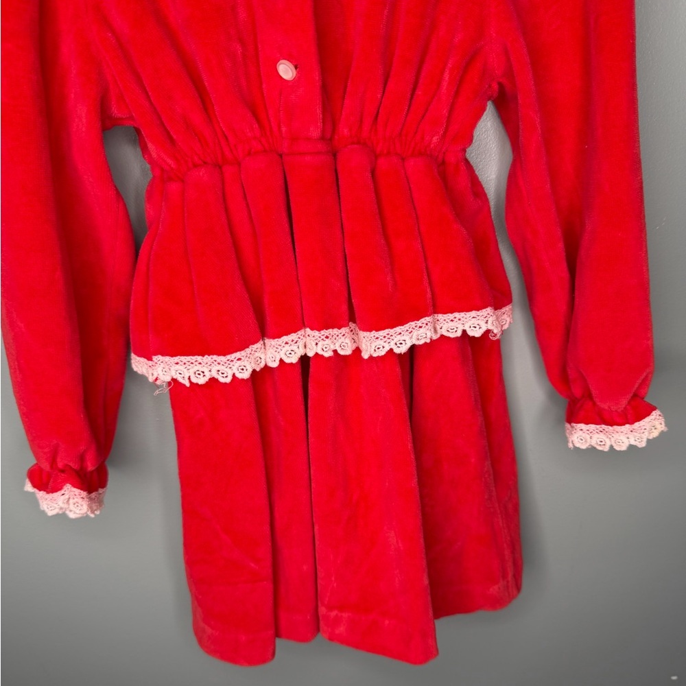 Peaches ‘n Cream Vintage 70s Layered Red Velour Lace Trimmed Dress - Picture 6 of 9